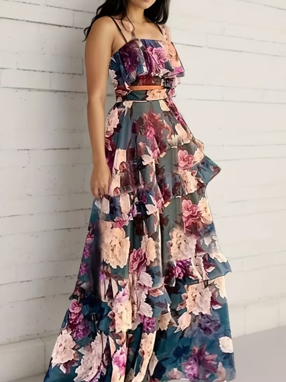 Floral Ruffle Maxi Dress in Teal and Pink